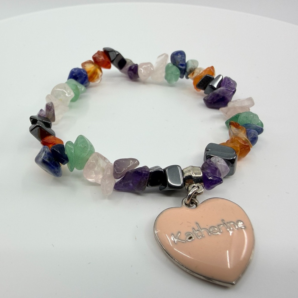 Multicolor Chip Bead Stretch Bracelet Katherine Heart Charm Personalized‎ Boho